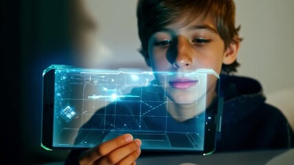 Leinwandbilder - A young boy examines a holographic display that projects interactive visuals in a dimly lit room, showcasing technology and curiosity.