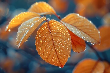 Wall Mural - A close-up shot of autumn leaves covered in dew drops.