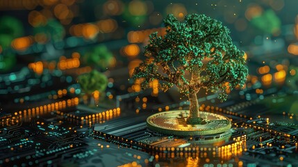 A 3D rendered image of a green tree growing out of a golden bitcoin coin, resting on a circuit board. The background is a blurred image of an electronic circuit board.