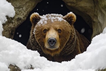 portrait of a cave bear emerging from its den, thick fur covered in snow, ready to hunt in the cold.