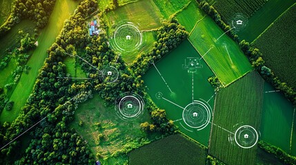 Aerial view management of green land area using GPS position systems highlights property development technology