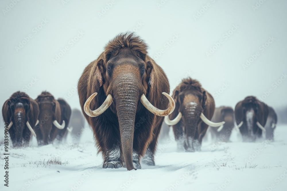 Portrait of a herd of woolly mammoths traveling across the icy ...