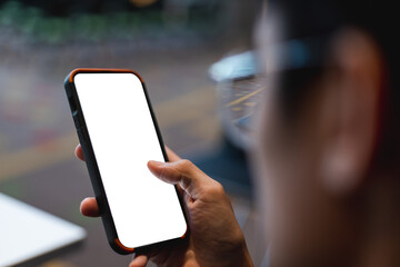 Mockup mobile phone blank white screen, hands holding smartphone empty display use for application information and advertise. searching data networks or chatting online. clipping path.