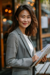 A young asian japanese businesswoman elegantly dressed in a gray suit standing holding a tablet smiling and looking at the camera.