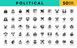 © Gravisio - Political icon set with primaries, caucus, general election, electoral college, voter turnout, swing state, political poll, public opinion, political debate, diplomacy icon. Simple glyph vector