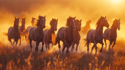 Wall Mural - A Herd of Horses Running Through a Golden Sunset