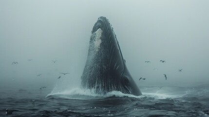 Wall Mural - Humpback Whale Breaching in Foggy Sea