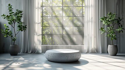 Poster - Bright Sunlight Streaming Through Large Windows in Modern Room With Potted Plants and Minimalist Stone Table