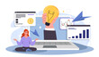 © Mental Health - Innovation implementation concept. Woman near laptop with light bulb. Business improvement and company development. Businesswoman with business or start up project. Flat vector illustration