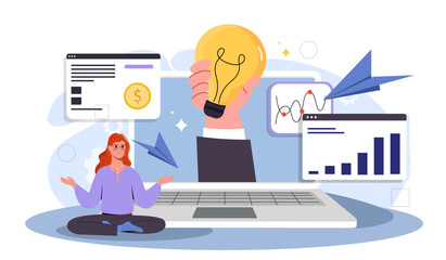 Innovation implementation concept. Woman near laptop with light bulb. Business improvement and company development. Businesswoman with business or start up project. Flat vector illustration