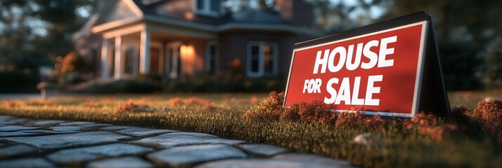 Wall Mural - “HOUSE FOR SALE” sign in front of home for sale - blurred background - real estate - closing - home prices