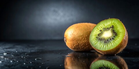 Fresh kiwi fruit on a stylish black background, kiwi, fruit, green, healthy, tropical, vitamin C, juicy, refreshing, vibrant