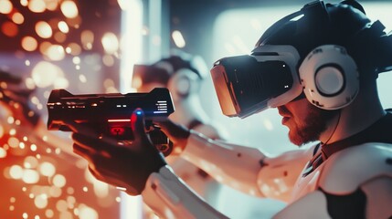 An immersive virtual reality gaming environment, gamers in futuristic avatars battling in a digital arena, Gaming technology style