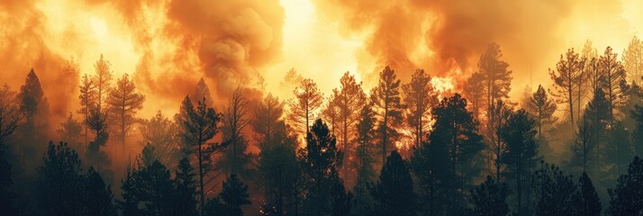 Wall Mural - Smoke billowing high above the trees wildfire engulfing the forest nature s wrath unleashed ecological havoc