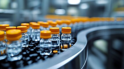 At a modern pharmaceutical factory rows of glass vials with orange caps move along a conveyor belt as part of the vaccine production and medication manufacturing process in a medical