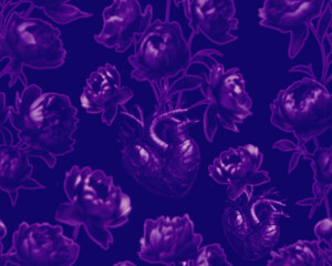 Gothic style seamless pattern with dark peonies flowers, heart Halloween themed graphic print for clothing, fabric, wallpaper, home decor, wrapping paper