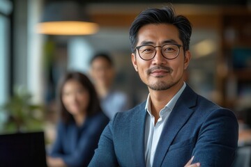 corporate harmony charismatic asian businessman in modern office radiating confidence diverse team members visible in background embodying leadership and teamwork