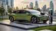 © Zahid Bilal  - A green electric car is parked in front of a building and plugged into a charging station.