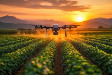 Wall Mural - drones eye view of a futuristic farm rows of vibrant crops illuminated by a golden sunset advanced robotic machinery sprays precise mists over lush fields blending technology and nature