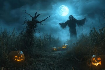 Wall Mural - eerie moonlit cornfield with a menacing scarecrow looming over twisted gnarled pumpkins creating a chilling halloween atmosphere with long shadows and mist