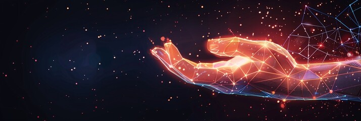glow polygon hand on digital background with copy space for web banner