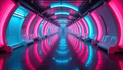 Poster - Futuristic Neon Tunnel with Pink and Blue Lights.