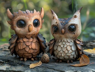 two cute owls made of wood with big eyes are sitting on a tree stump in the middle of a forest. ai.