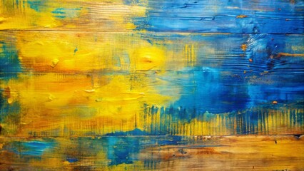 Vibrant yellow and blue brush strokes on wood canvas, abstract and dynamic background, artistic, photorealistic