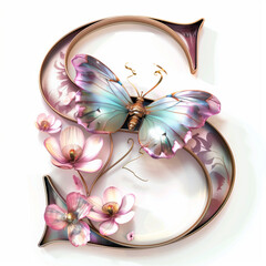 Canvas Print - Butterfly with flower Alphabet, written S, 3d illustration, on white background