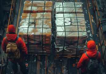 Workers Preparing Cargo for Airplane Shipment. Two workers in red jackets prepare cargo pallets for shipment, with snow-covered boxes indicating a cold environment.