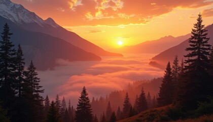 Poster - Sunset over a Sea of Clouds in the Mountains.