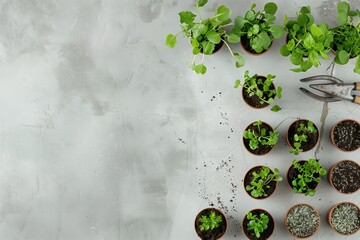 Poster - Indoor Gardening Arrangement With Small Potted Plants on a Gray Surface During Daytime