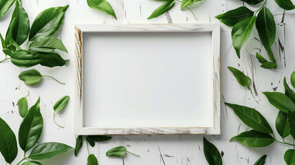 Wall Mural - Frame of indoor plant leaves, white wooden board in middle