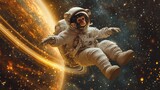 An astronaut monkey floats near a giant planet with rings with a backdrop of sparkling stars and distant galaxies The scene combines the excitement of space travel with the charm of wildlife creating