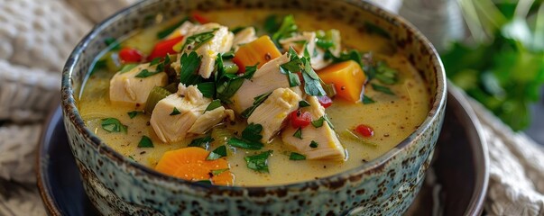 Delicious bowl of chicken soup with vegetables, perfect for a comforting meal on a cozy day.