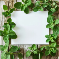 Wall Mural - Frame of oregano leaves, white plastic board in middle