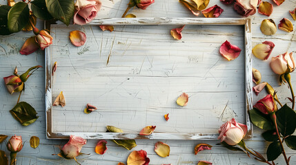 Sticker - Frame of rose leaves, white wooden board for copy in middle, flat color background