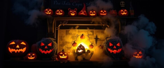 Sticker - Spooky Halloween Jack-o'-Lanterns in a Dark Fireplace.