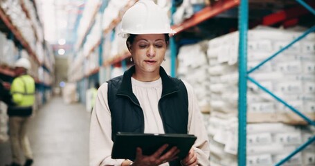 Poster - Logistics, inspection and woman in storage with tablet for stock list, export warehouse or inventory management. Supply chain, distribution and person in factory on digital app for online checklist