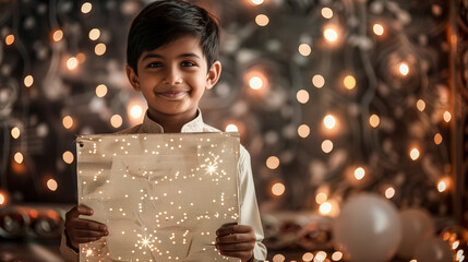 Wall Mural - Indian boy in sherwani, holding big silver rhombus-shaped board WITH festive look and lighting background,