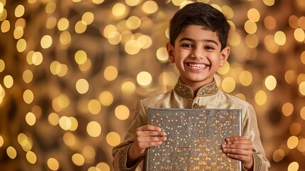 Sticker - Indian boy in sherwani, holding big silver rhombus-shaped board WITH festive look and lighting background,