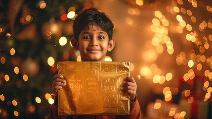 Wall Mural - Indian boy wearing kurta pajama, holding big golden rectangle-shaped board with festival background