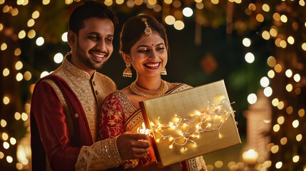 Poster - Indian couple in festive dress, holding big golden gift box, celerating diwali festival