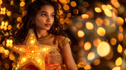 Poster - Indian girl in lehenga choli, holding big golden cross-shaped board with joyful festival look