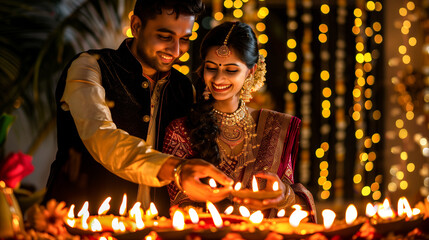 Poster - Indian man and woman dressed in traditional attire, happily celebrating Diwali with diyas and decorations