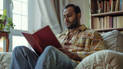 Canvas Print - Indian man in a casual shirt and jeans, reading a book in a cozy living room