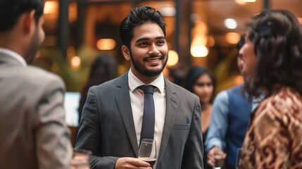 Poster - Indian man in a formal suit, attending a corporate event, confidently mingling with colleagues