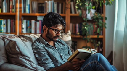 Canvas Print - Indian man in a casual shirt and jeans, reading a book in a cozy living room