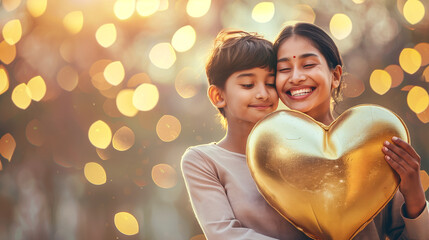 Wall Mural - Indian mother and son in casual attire, holding big golden heart, lighting background, bokeh effect