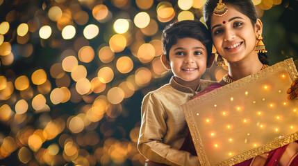 Poster - Indian mother and son in festive attire, holding big golden box for festival celebration